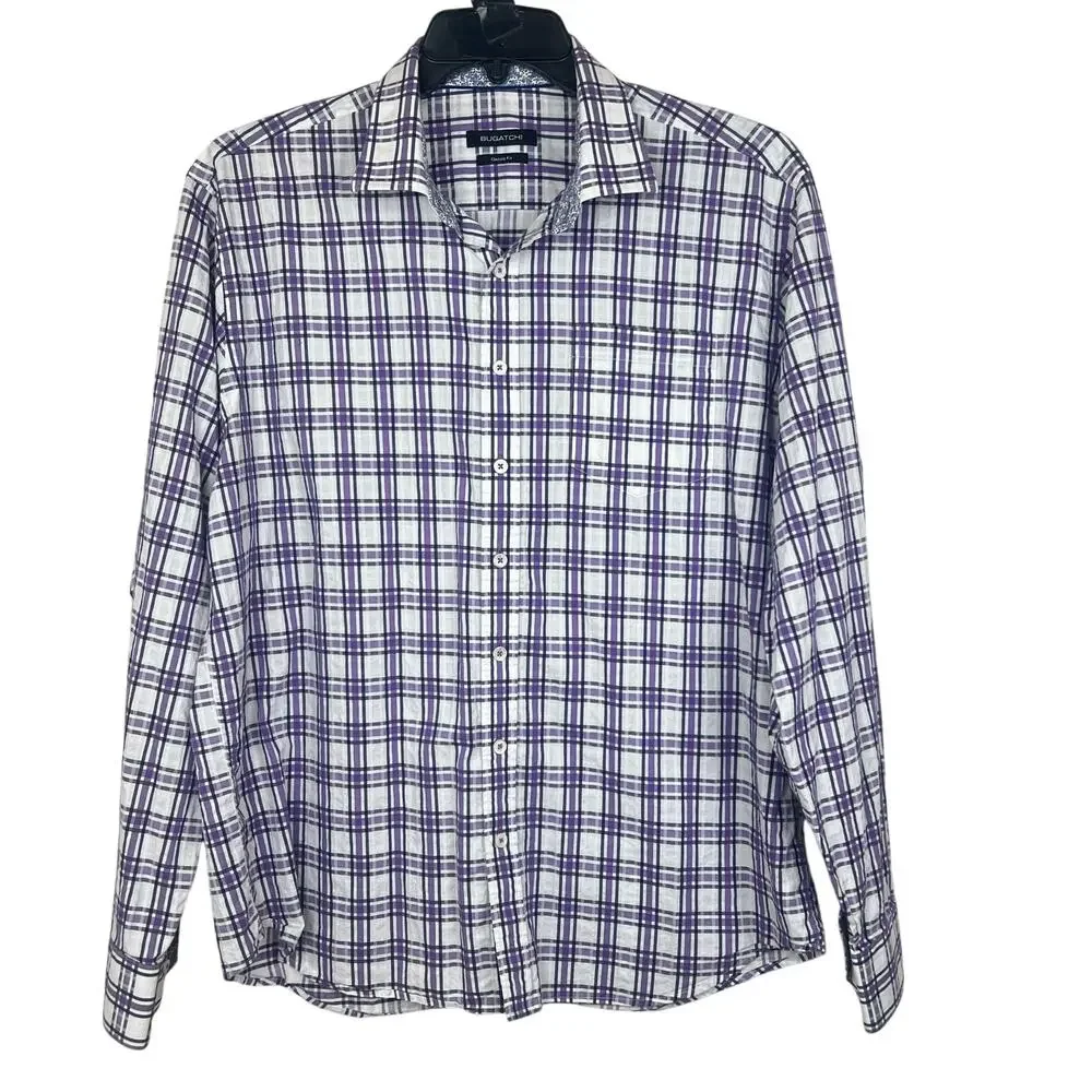 Bugatchi shirt men’s XL Classic fit flip contrast cuffs Purple/blue print
